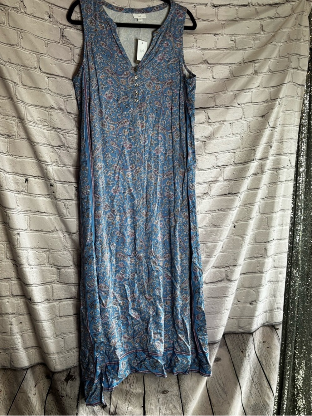 J. Jill‎ Blue Pink Paisley Button V-Neck Midi Dress Sleeveless Boho Cottage Sz M